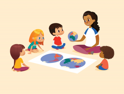 cartoon image of teacher and preschoolers