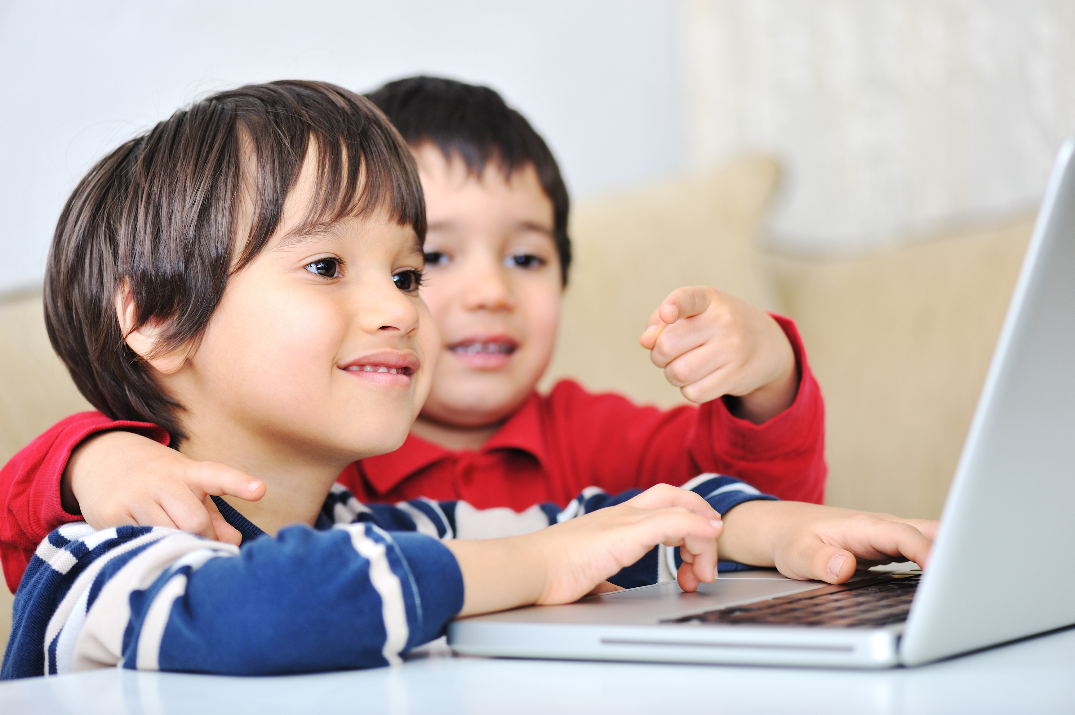 two boys using a silver lap top smiling