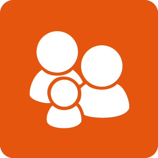 orange square icon of two parents and a child