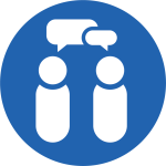 Blue circle icon containing two people talking to each other