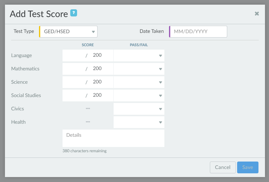 Add Test Score for GED or HSED
