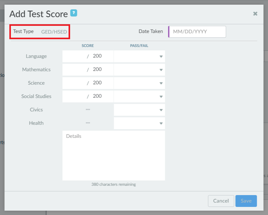 Adding GED or HSED score