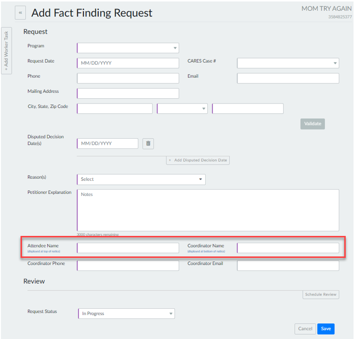 add fact finding request details