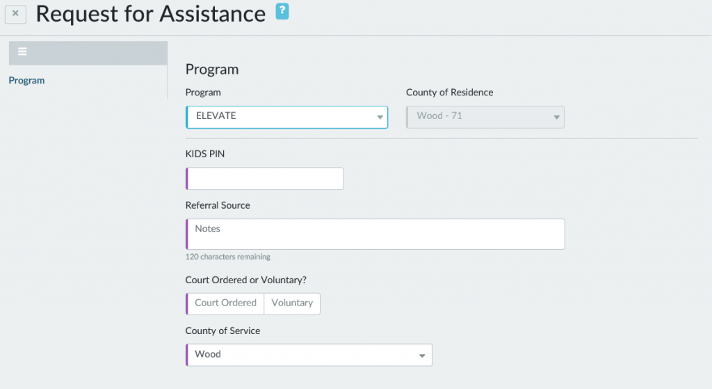 Screenshot of Request for Assistance with additional ELEVATE fields