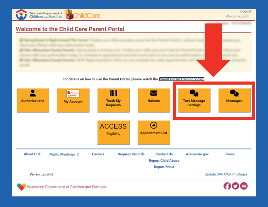Screenshot of the Text Message button in the Parent Portal