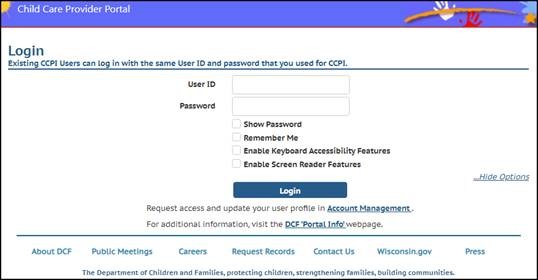 Child Care Provider Portal Login Screenshot