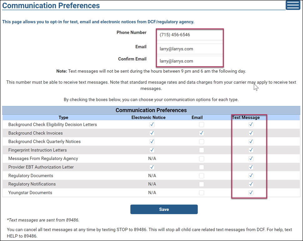 Provider Portal Communication PReferences Screenshot with Phone Number and Text Messages indicated