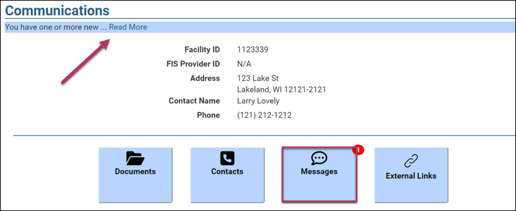 Provider Portal Communications screenshot with Messages button highlighted