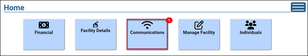 Provider Portal Home page screenshot with Communications button highlighted