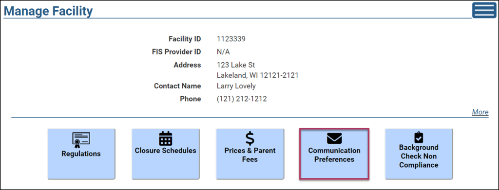 Provider Portal Manage Facility screenshot with Communications Preferences button highlighted