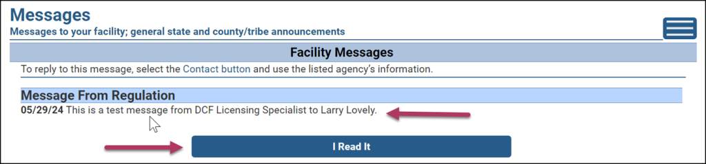 Provider Portal Messages Screen with Facility Messages indicated