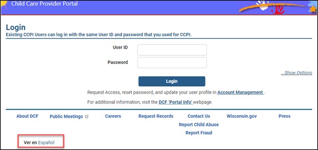 Screenshot Child Care Provider Portal Login Page with Spanish Link Indicated