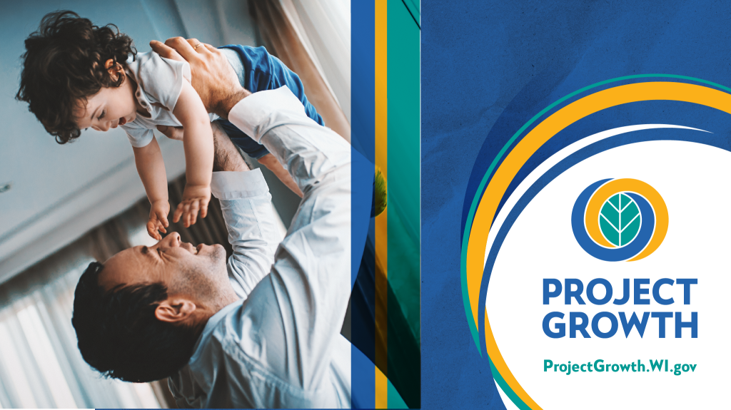 man lifting a child above his head with the project growth logo in the bottom right corner