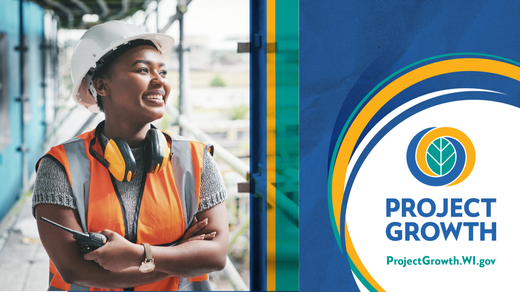 woman in a construction vest and hat with the project growth logo in the bottom right corner