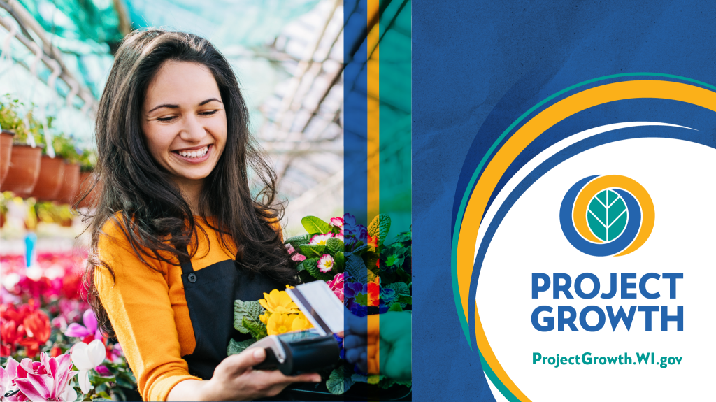 woman with flowers in the background with the project growth logo in the bottom right corner