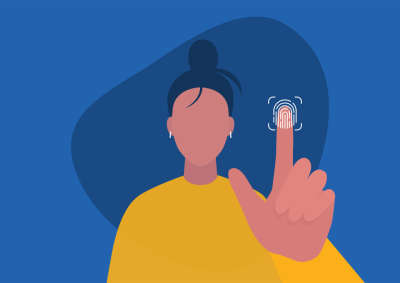 image of cartoon woman holding up index finger with fingerprint