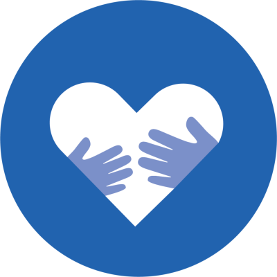blue circle icon of hands hugging a heart