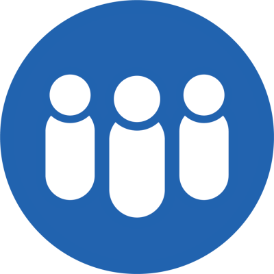 blue icon with three people figures