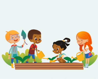 Cartoon image of children playing in garden 