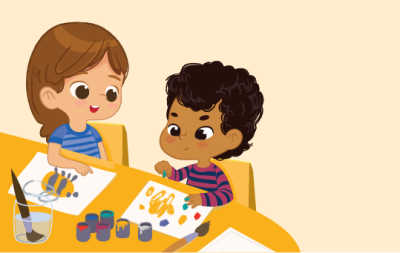 cartoon image of children sitting at table and painting 
