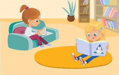 cartoon image of children reading books while sitting on the floor