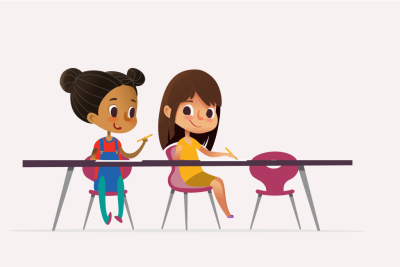 cartoon image of two girls sitting at desks writing