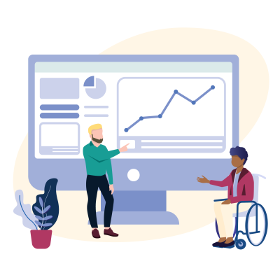 illustration of a man in a wheelchair talking to a man presenting data