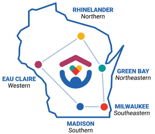 Wisconsin Regional map: Northern - Rhinelander, Western - Eau Claire, Northeaster - Green Bay, Southeaster - Milwaukee