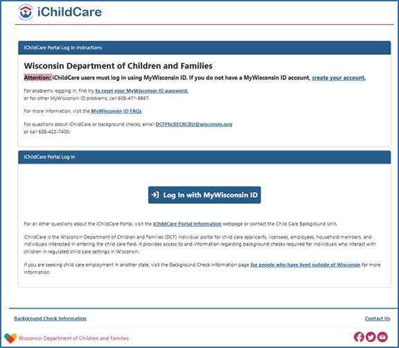 Wisconsin iChildCare Portal login page screenshot
