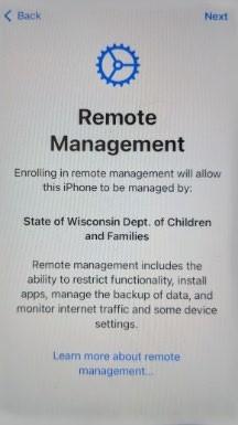 Remote management screen clarifying that that the phone is managed by State if Wisconsin Department of Children and Families