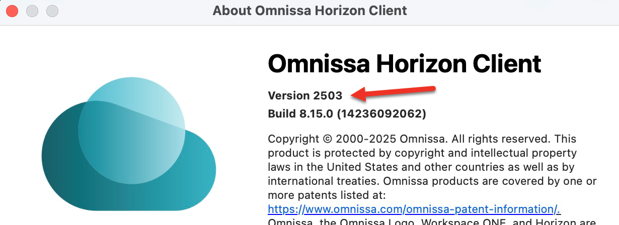 About Onissa Horizon Client window for Apple showing the version number.