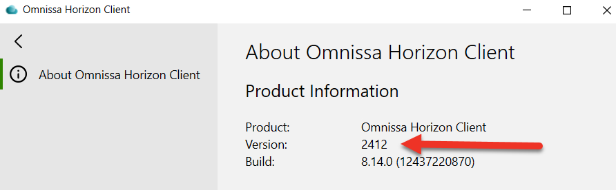 About Omnissa Horizon Client window for Windows showing the Version number.