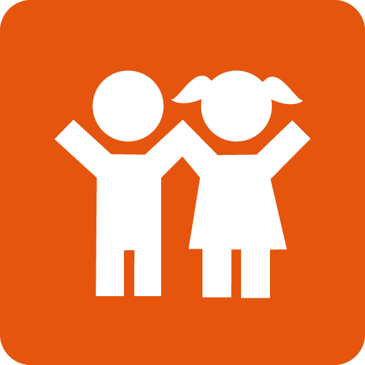 orange square icon with boy and girl holding hands