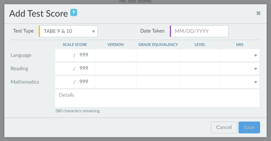 Add Test Score for TABE 9 and 10