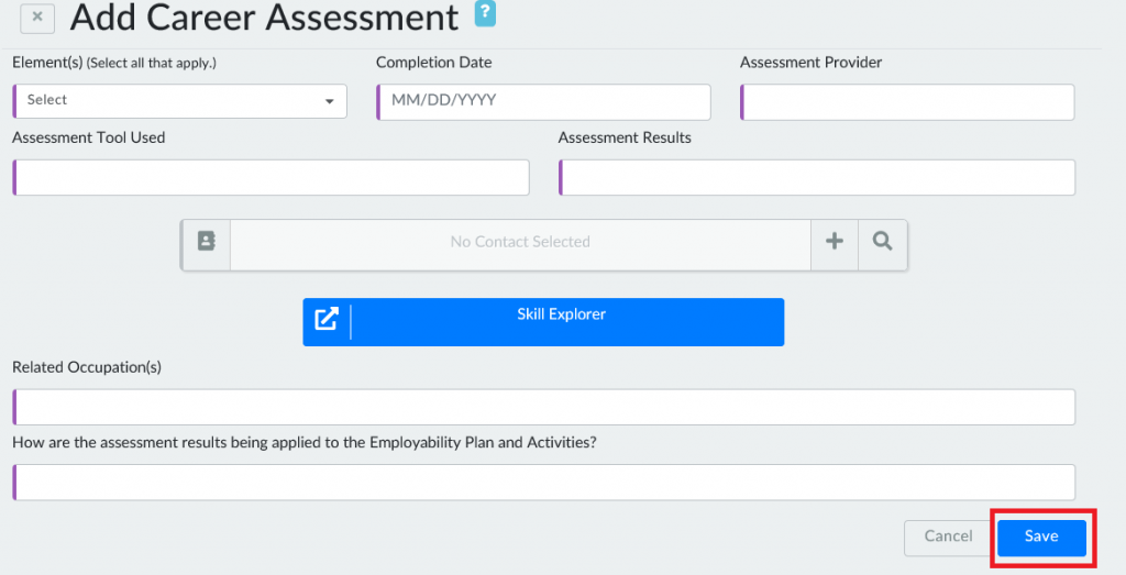 add career assessment save button