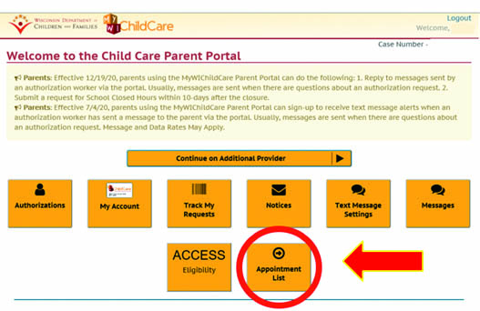 Parent Portal Welcome and Appointment List Button Screenshot