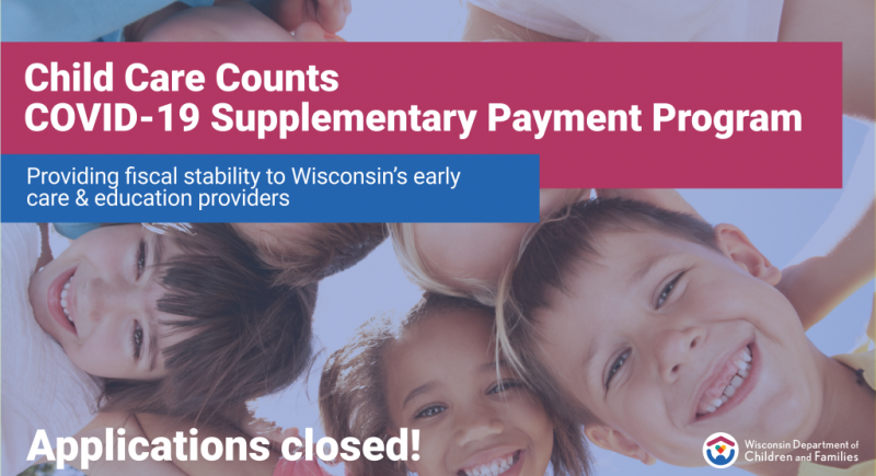 Banner image for the child care counts payment program - now closed - featuring children and the department's logo