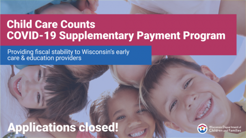 Banner image for the child care counts payment program featuring children and the department's logo