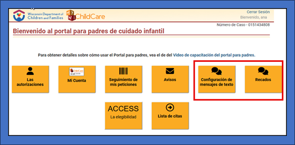 Screenshot of the Text Message button in the Parent Portal