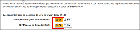 Text Message Preferences Yes Indicator Chosen