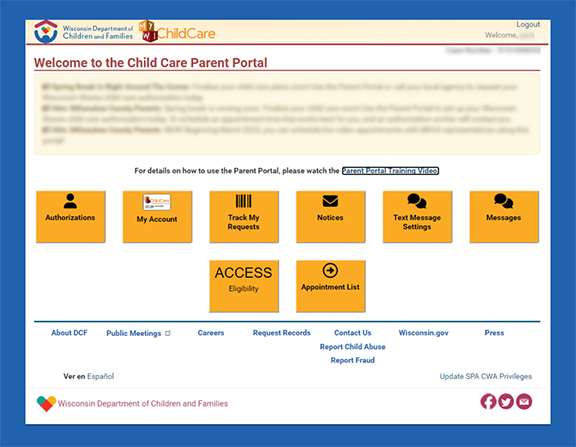 Parent Portal Welcome Page screenshot
