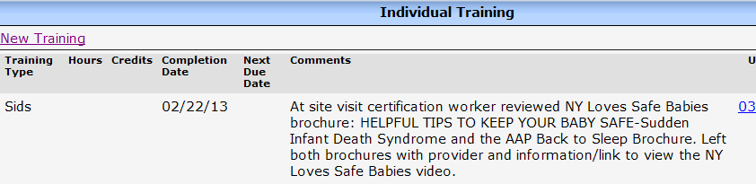 WISCCRS Individual Training Comment Field