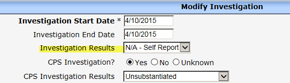 Modify Investigation - Self-Report Screenshot