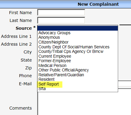 New Complainant Screenshot