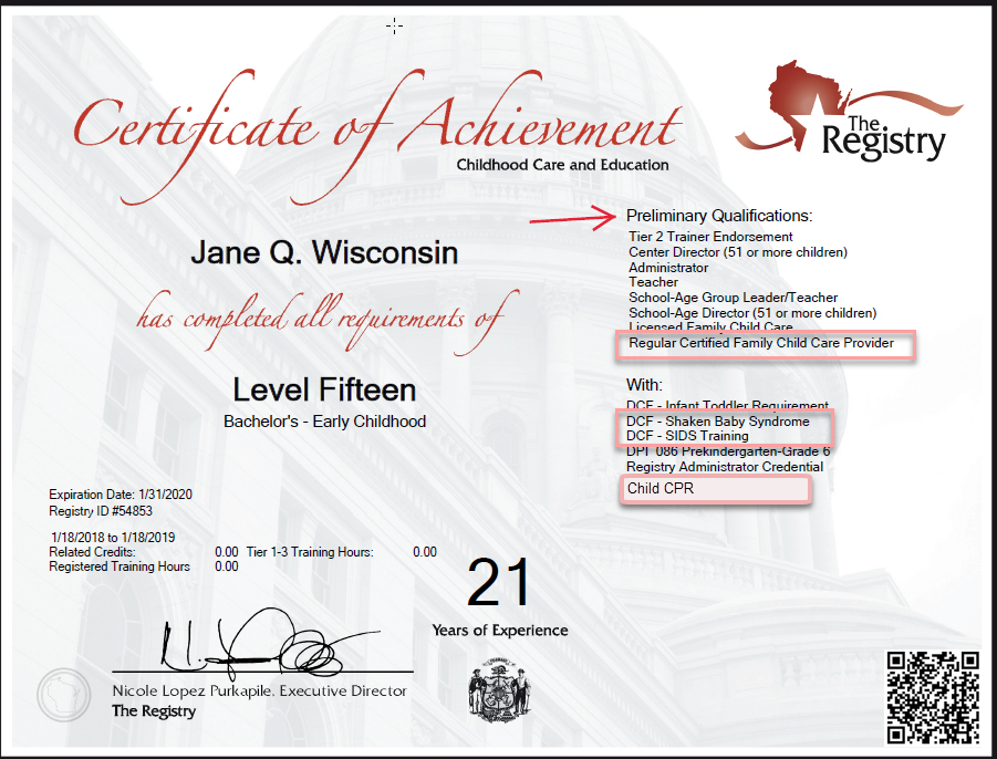 Registry Sample Certificate for Entry-Level Training