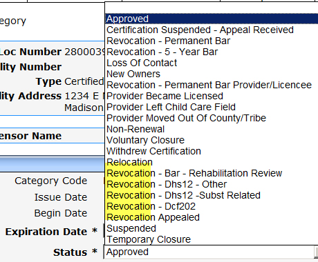 Revocation Drop-Down Menu